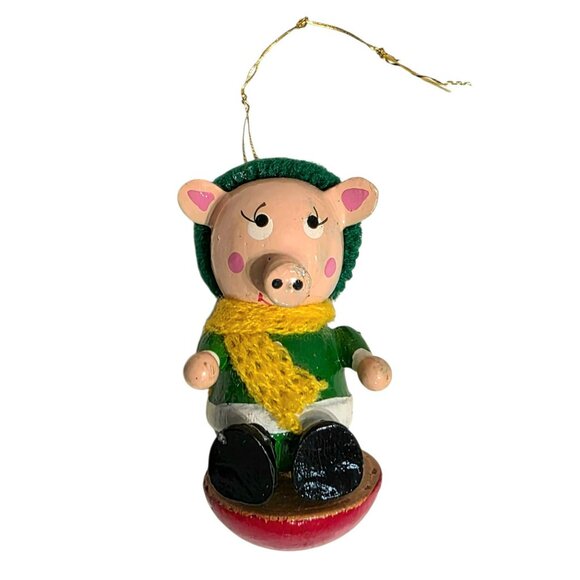 Vintage Wooden Pig Christmas Ornament Knit Hat Scarf Sled Kitsch Piglet Piggy 3" - Picture 8 of 8